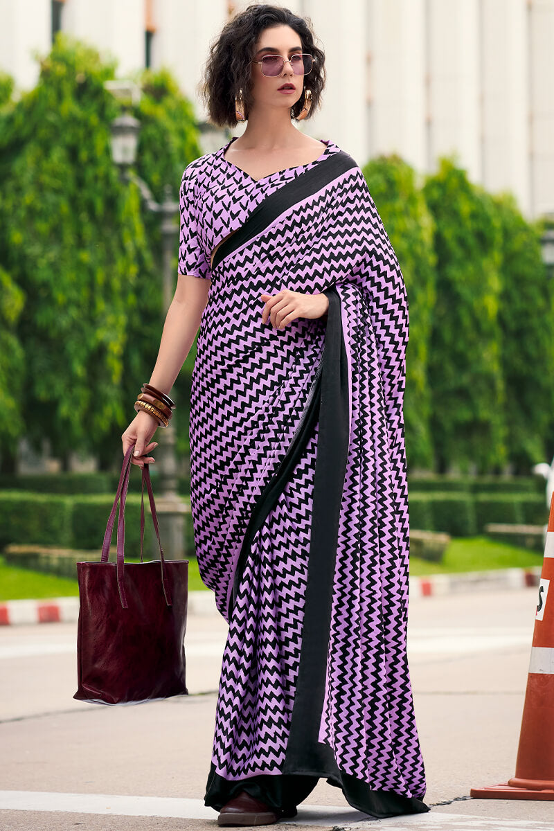 Electric Lavender Printed Satin Crape Silk Saree