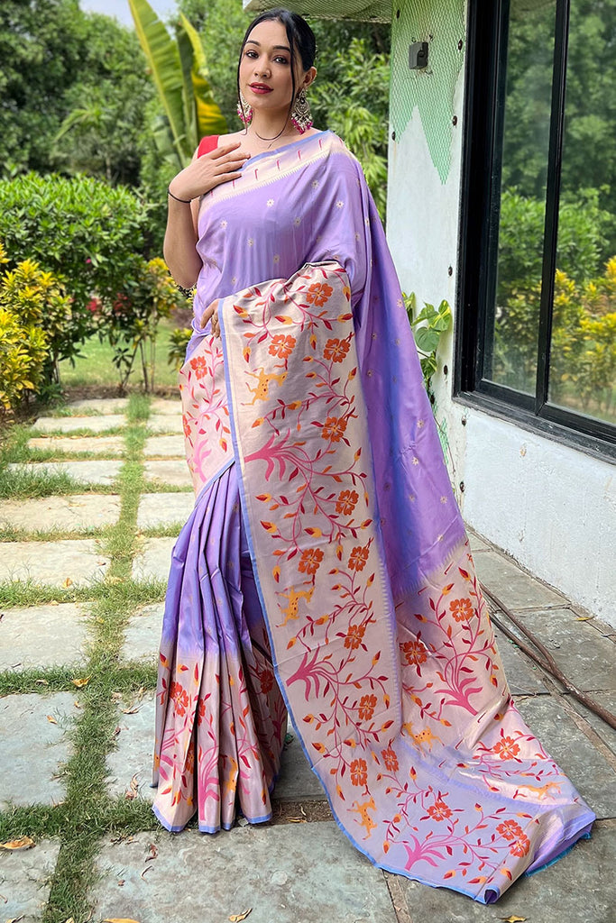 Electric Lavender Zari Woven Paithani Silk Saree