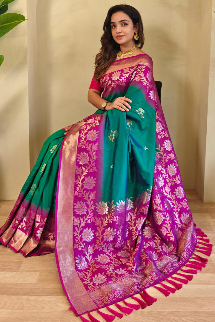 Elf Green Banarasi Silk Saree with Designer Chaap Border