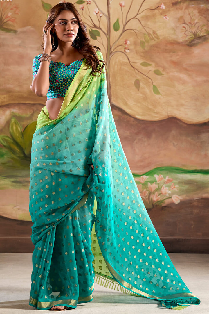 Elf Green Georgette Banarasi Silk Saree