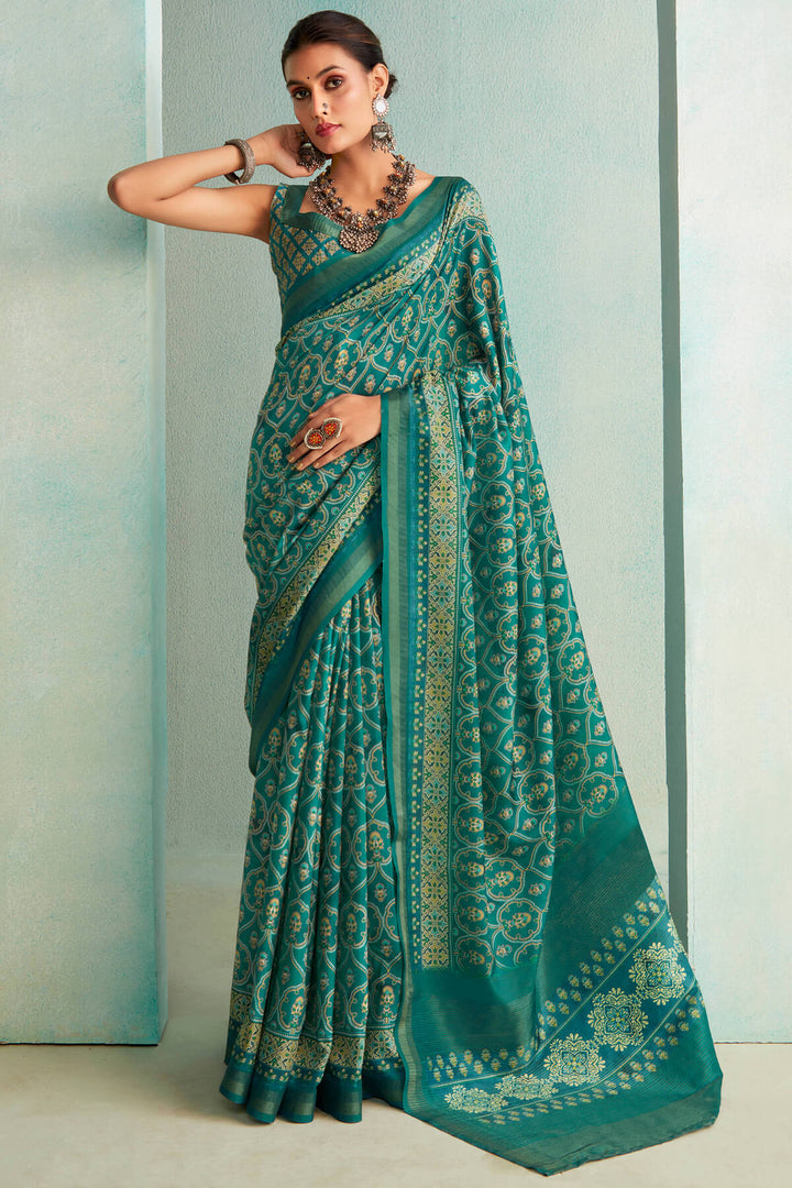 Elf Green Handloom Woven Digital Printed Soft Silk Saree