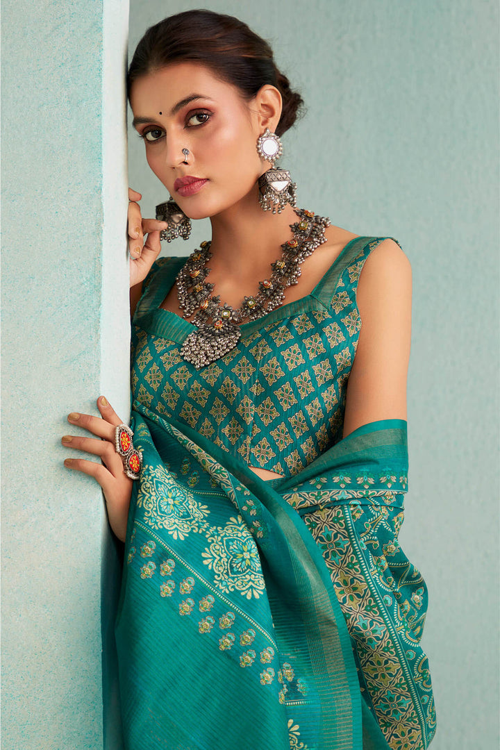 Elf Green Handloom Woven Digital Printed Soft Silk Saree