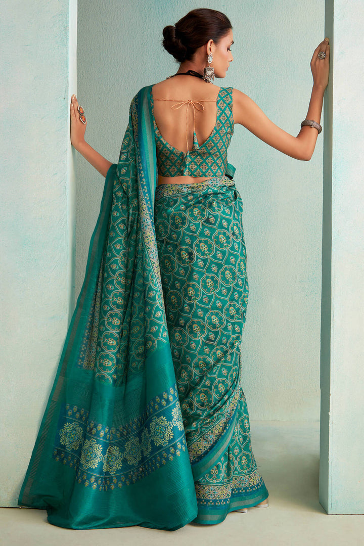 Elf Green Handloom Woven Digital Printed Soft Silk Saree