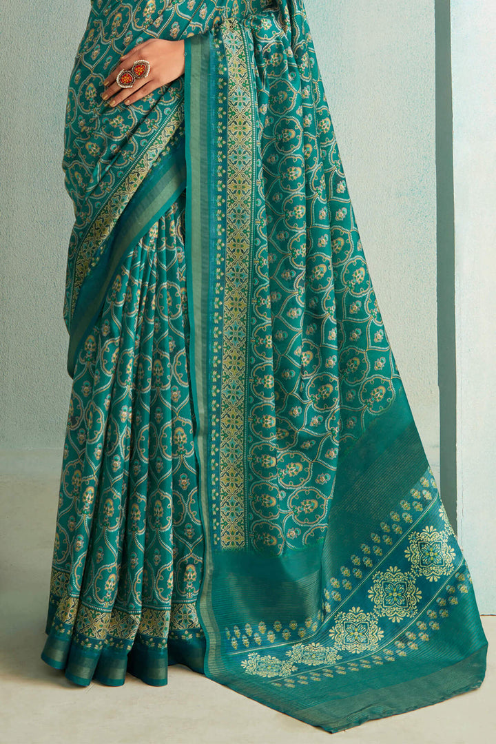 Elf Green Handloom Woven Digital Printed Soft Silk Saree