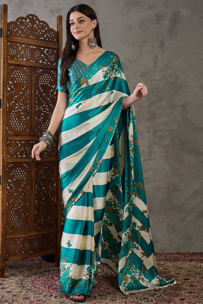 Elf Green Stripe Printed Satin Silk Saree