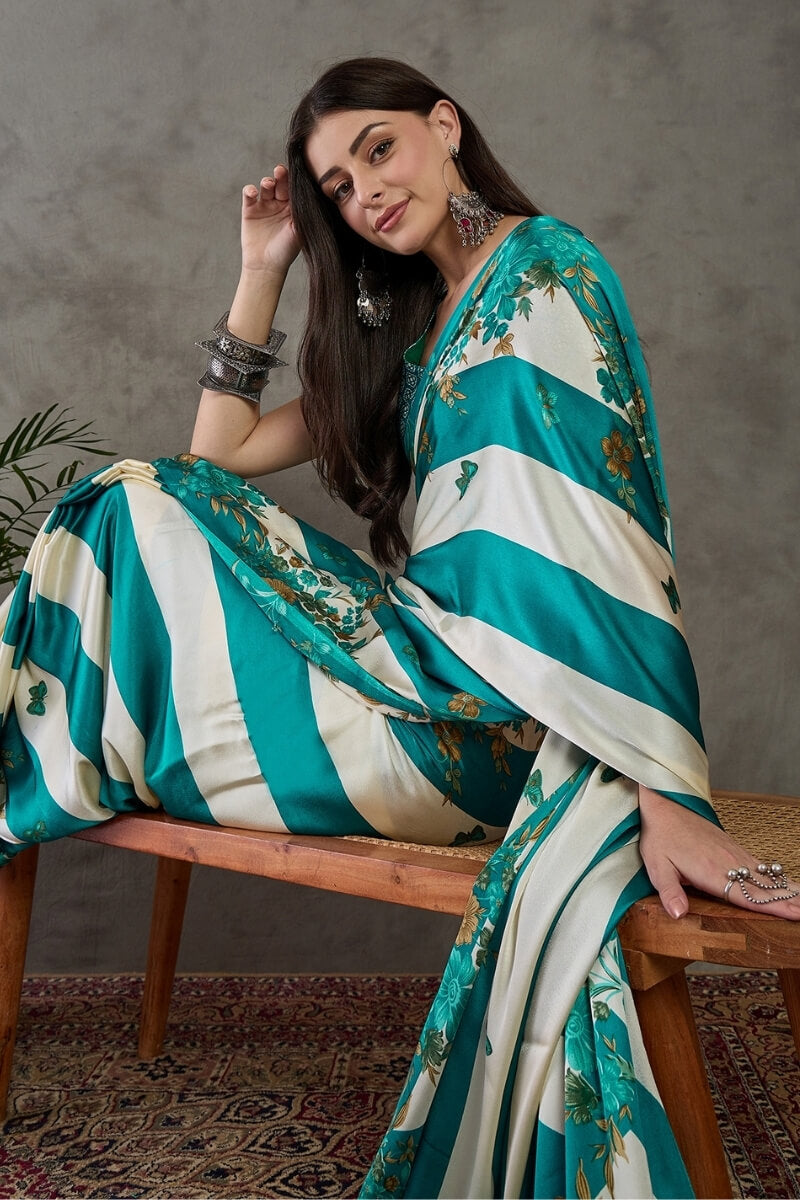 Elf Green Stripe Printed Satin Silk Saree