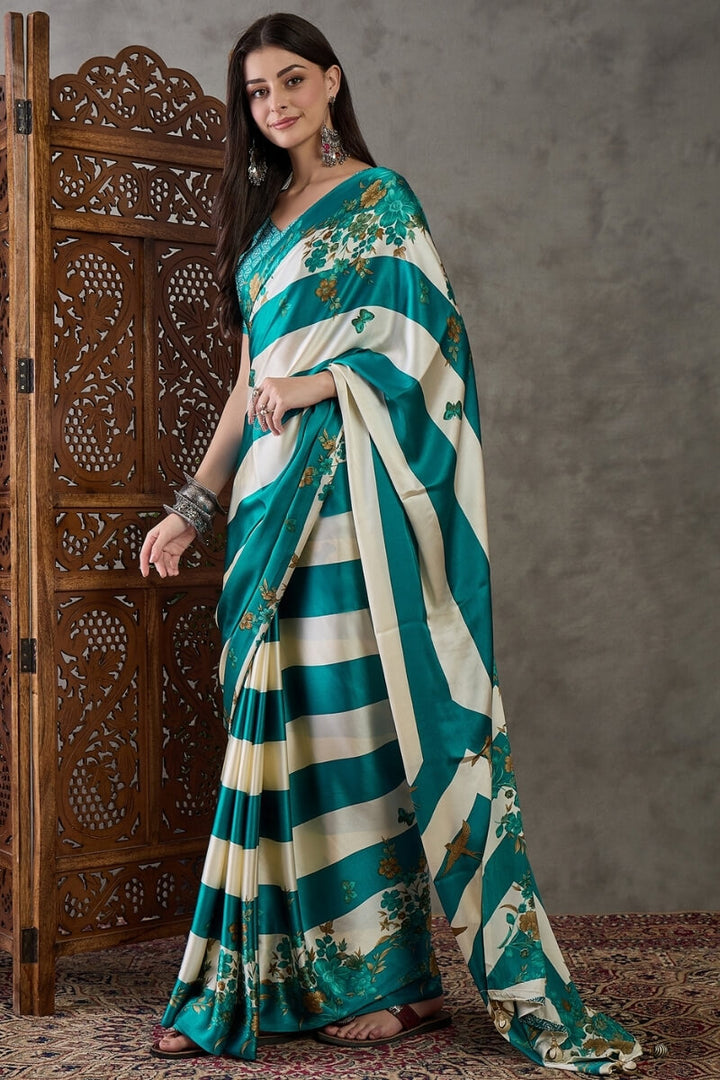 Elf Green Stripe Printed Satin Silk Saree