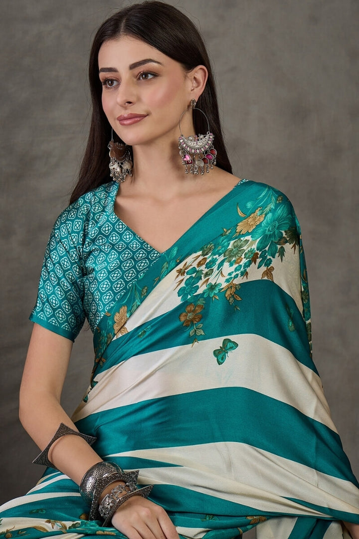Elf Green Stripe Printed Satin Silk Saree