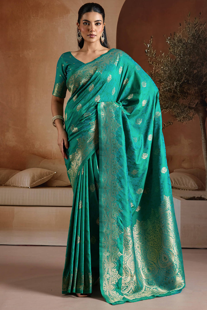 Elf Green Zari Handloom Soft Banarasi Silk Saree