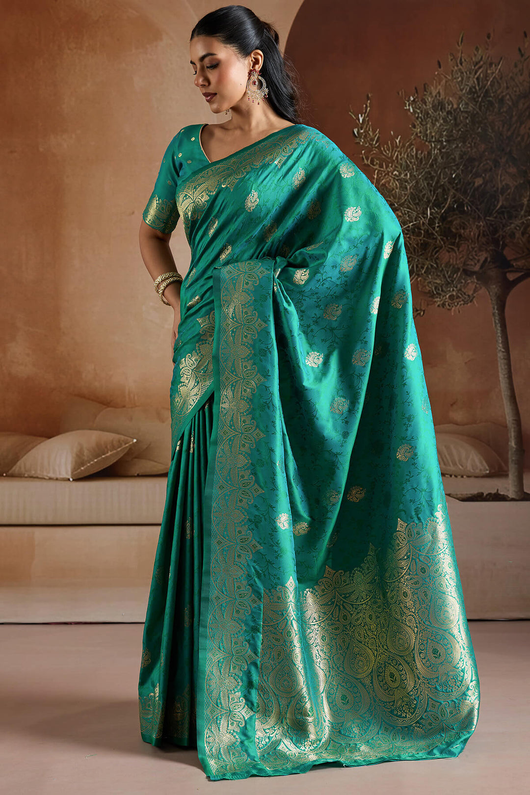 Elf Green Zari Handloom Soft Banarasi Silk Saree