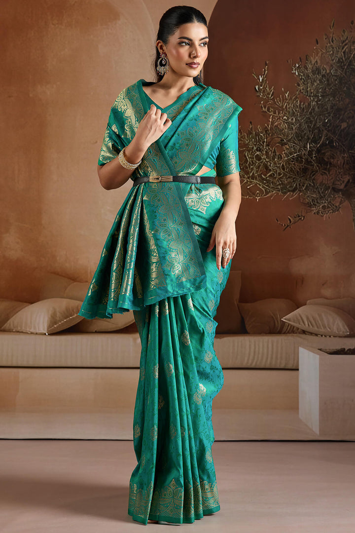 Elf Green Zari Handloom Soft Banarasi Silk Saree