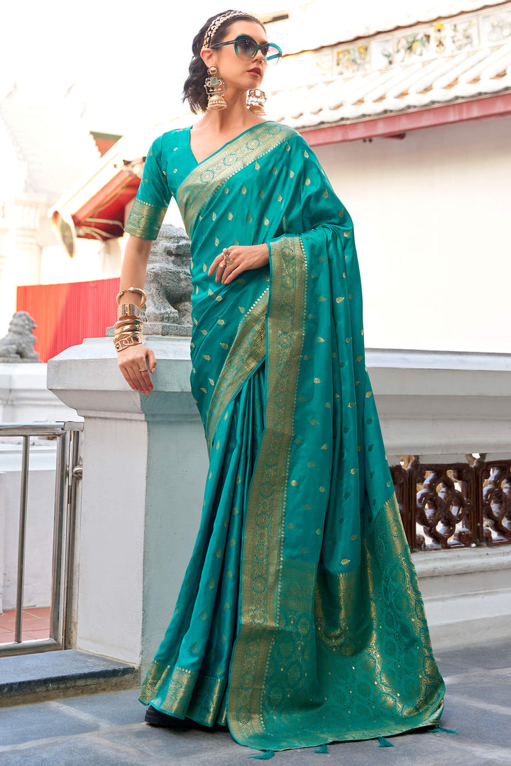 Elf Green Zari Woven Banarasi Satin Silk Saree