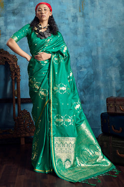 Elf Green Zari Woven Banarasi Satin silk saree
