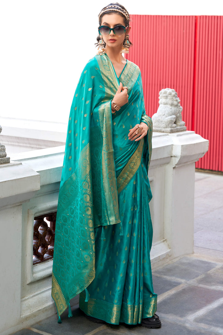 Elf Green Zari Woven Banarasi Satin Silk Saree