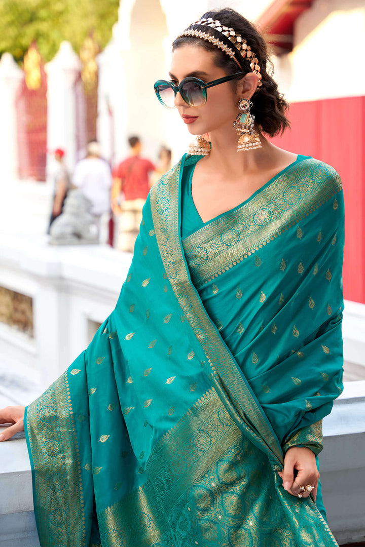Elf Green Zari Woven Banarasi Satin Silk Saree