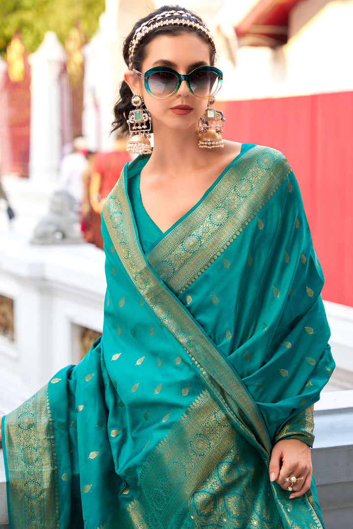 Elf Green Zari Woven Banarasi Satin Silk Saree