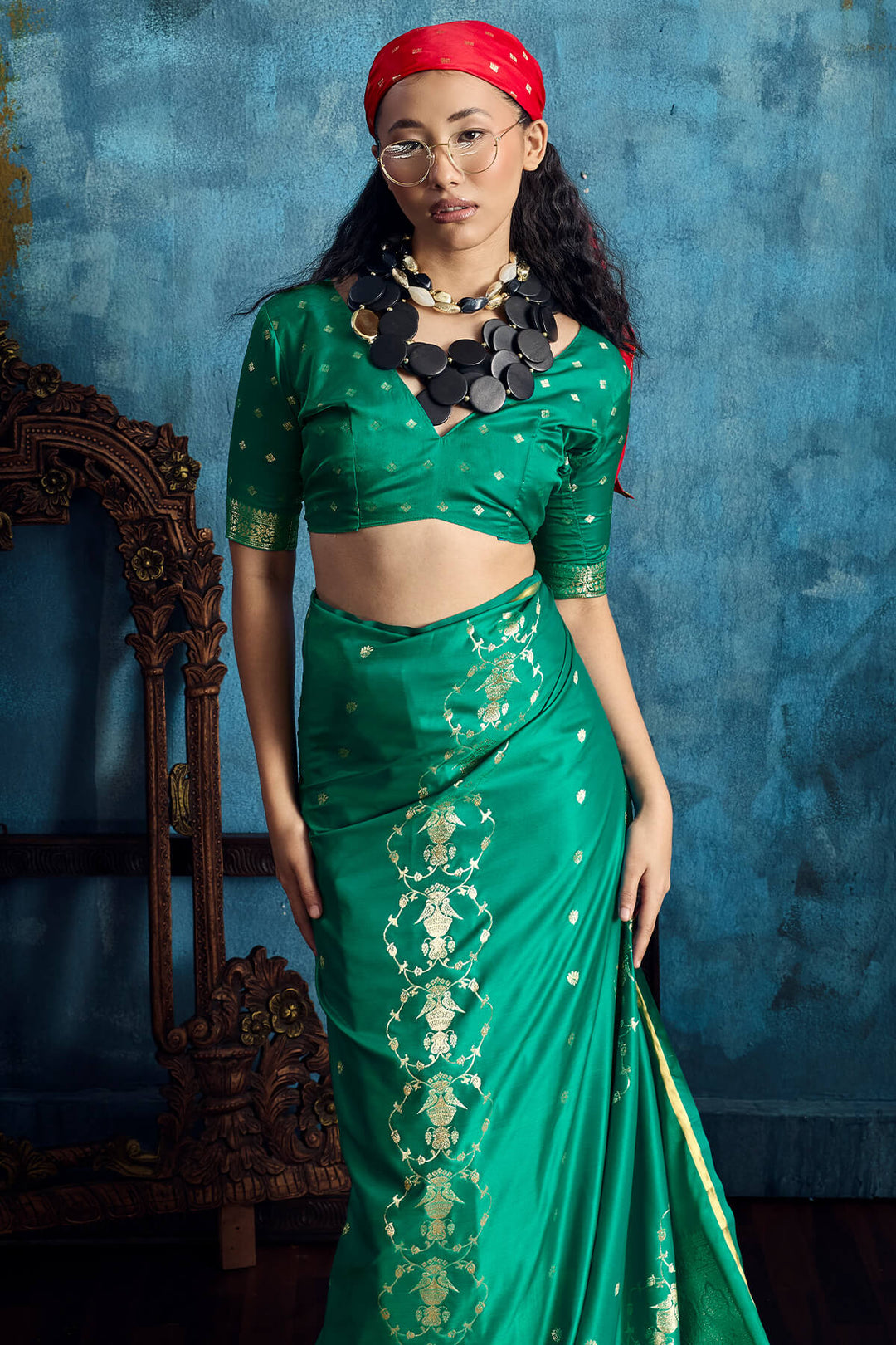 Elf Green Zari Woven Banarasi Satin silk saree