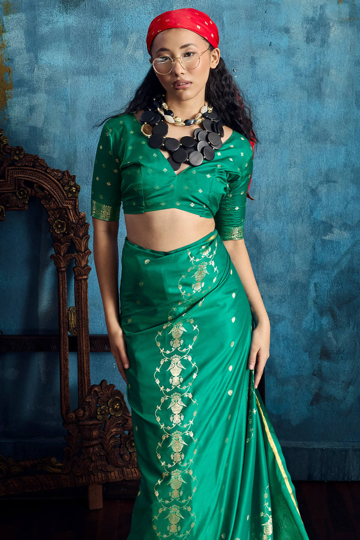 Elf Green Zari Woven Banarasi Satin silk saree