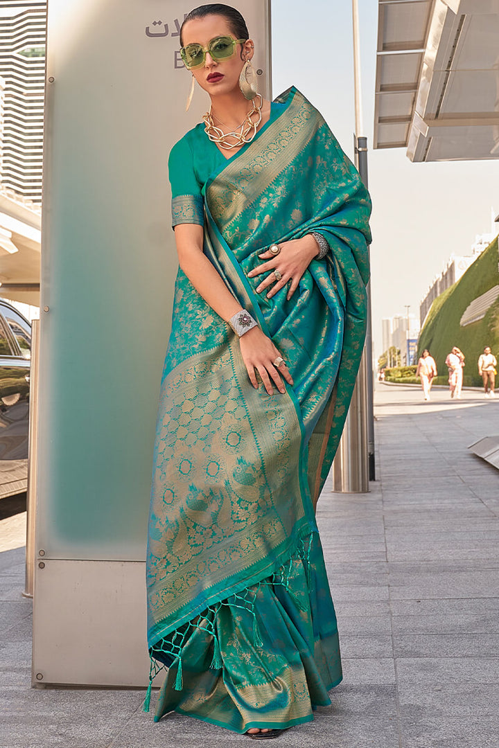 Elf Green Zari Woven Kanjivaram Silk Saree