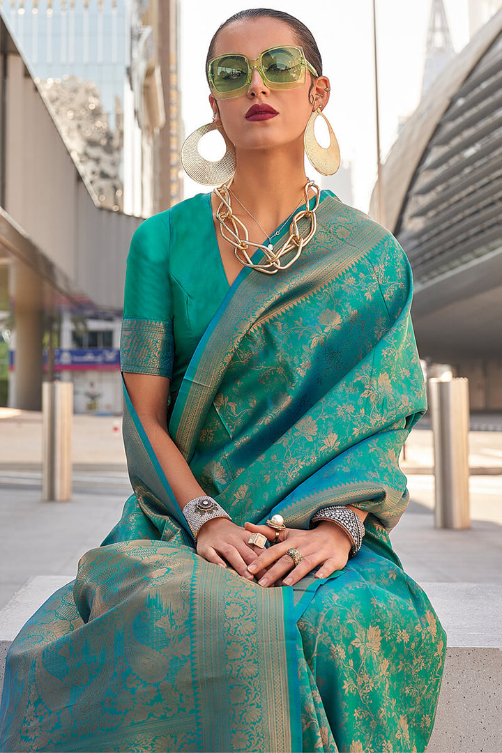 Elf Green Zari Woven Kanjivaram Silk Saree