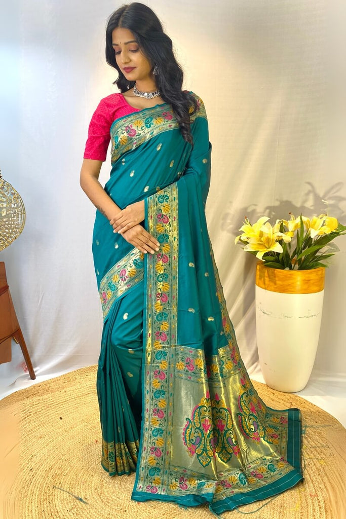 Elf Green Zari Woven Paithani Silk Saree