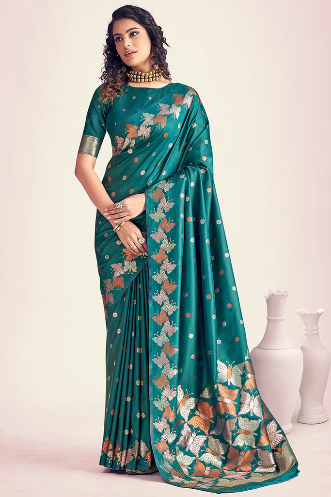 Elf Green Zari Woven Soft Banarasi Silk Saree