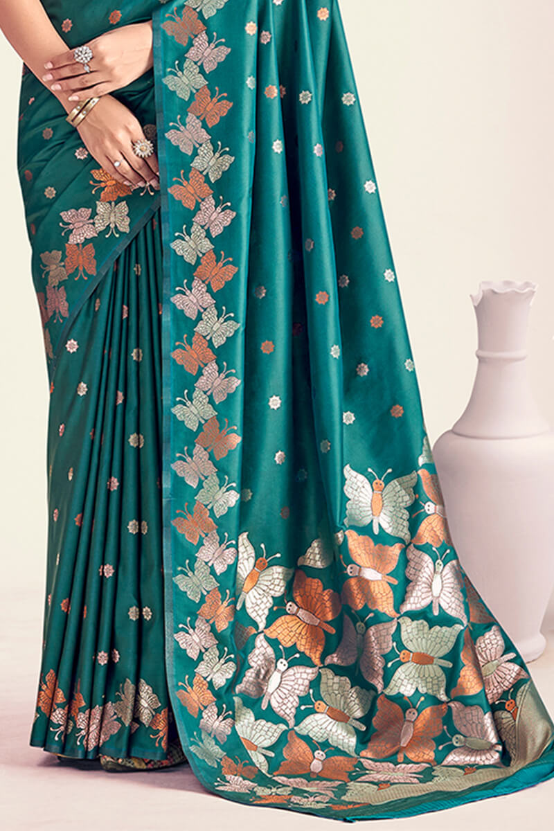 Elf Green Zari Woven Soft Banarasi Silk Saree