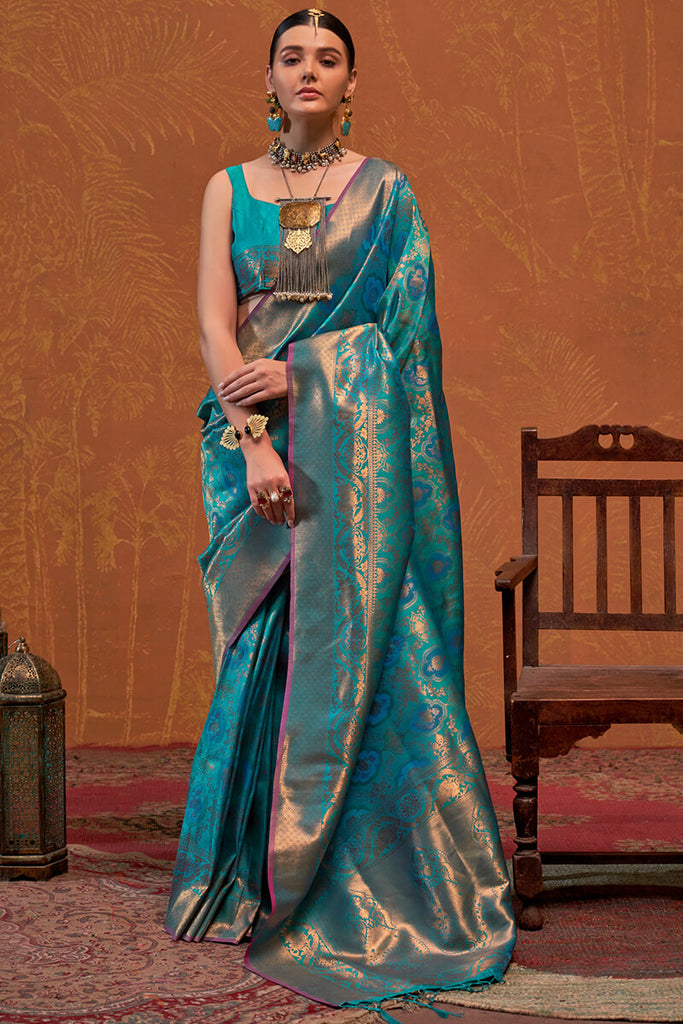 Elm Blue Kanjivaram Silk Saree