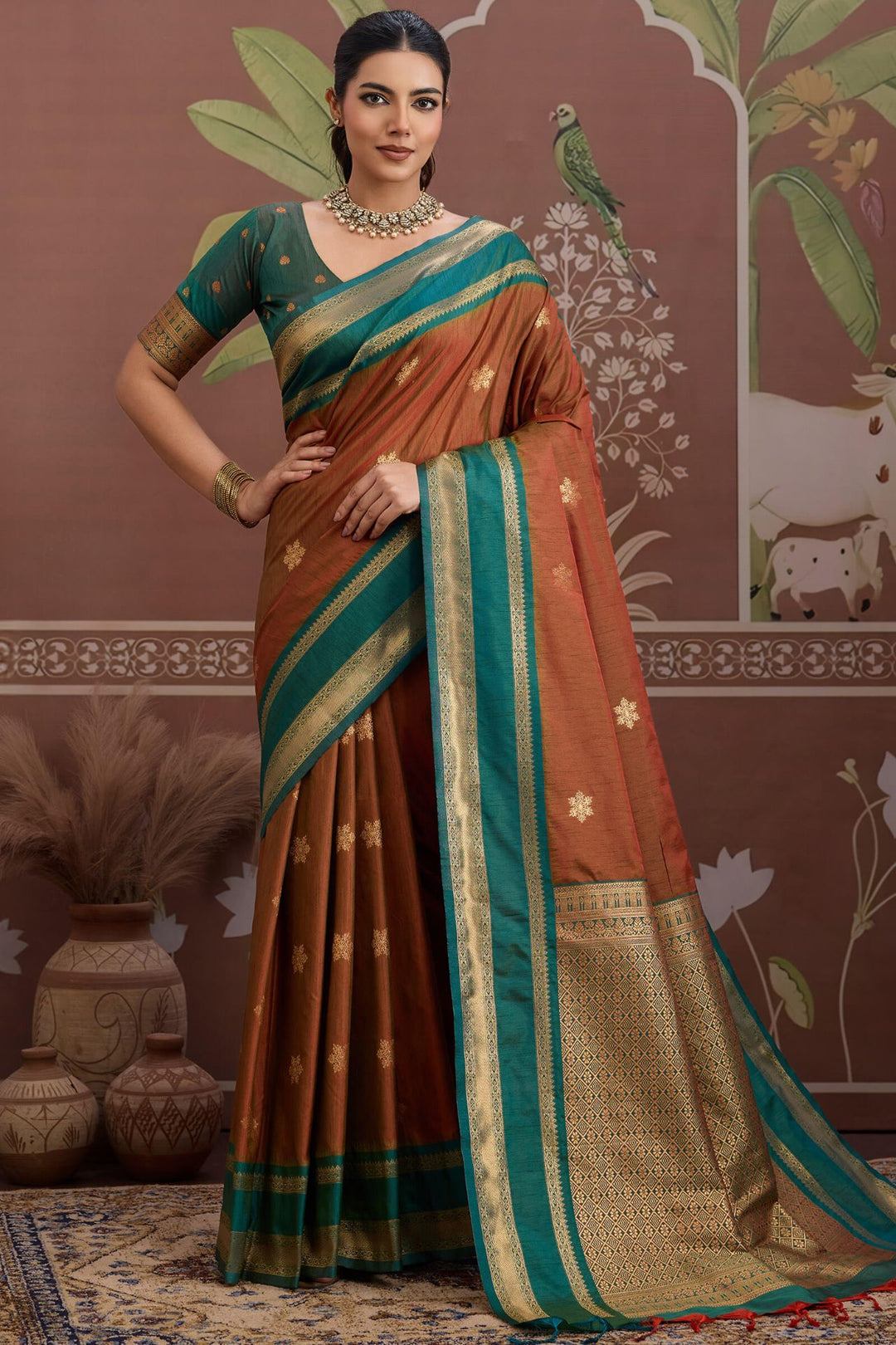 Ember Brown Banarasi Tussar Silk Saree