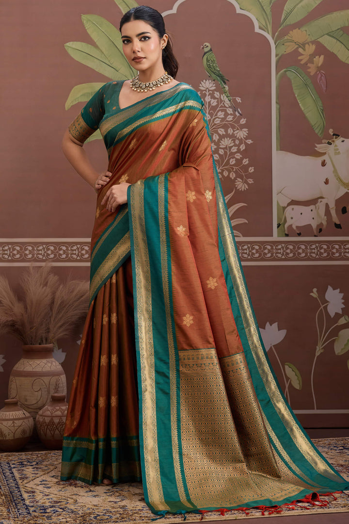 Ember Brown Banarasi Tussar Silk Saree