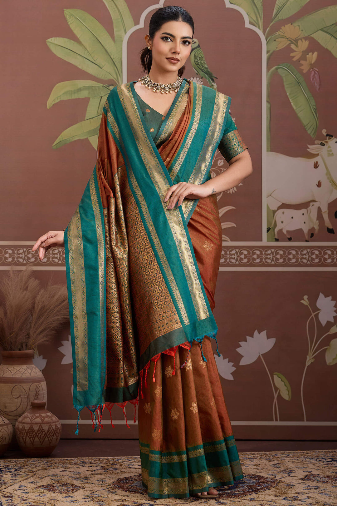 Ember Brown Banarasi Tussar Silk Saree