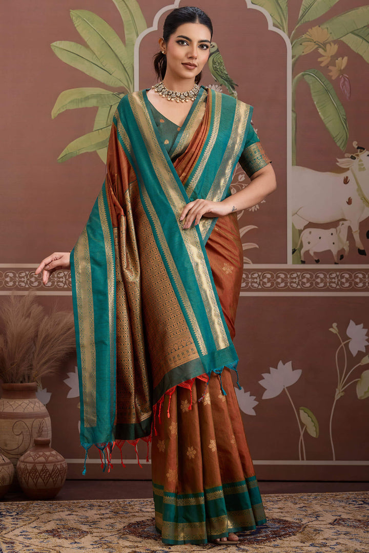 Ember Brown Banarasi Tussar Silk Saree