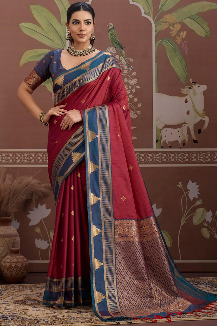 Ember Maroon Banarasi Tussar Silk Saree