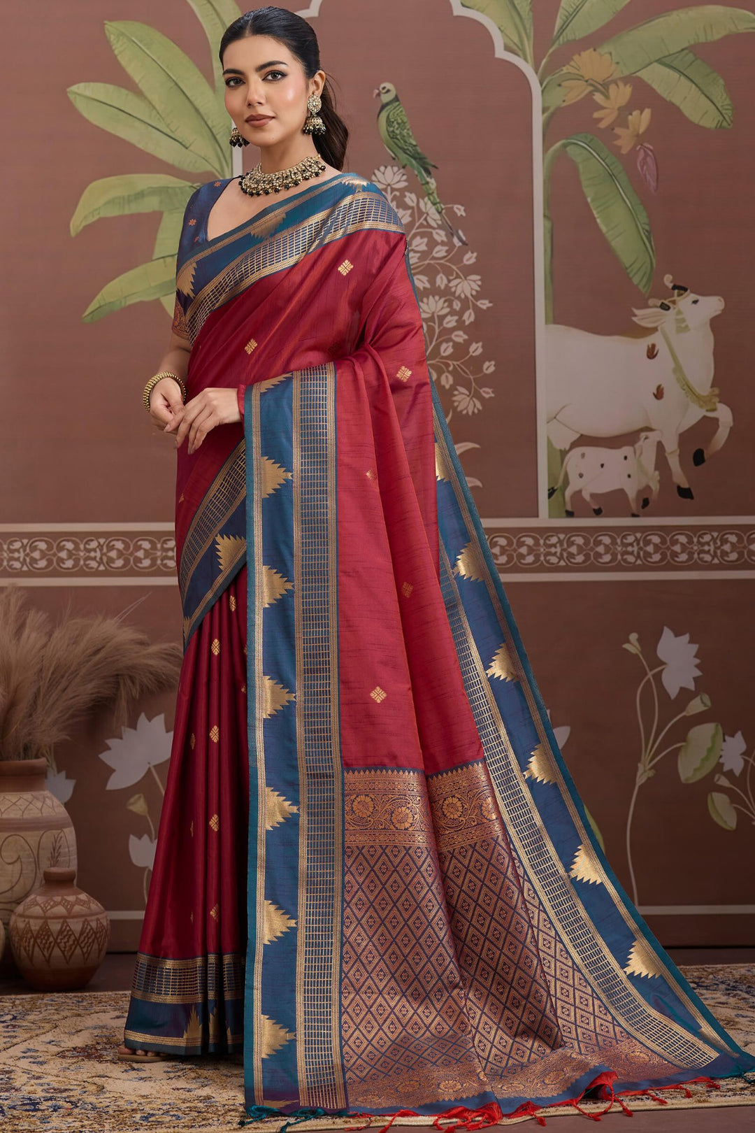 Ember Maroon Banarasi Tussar Silk Saree