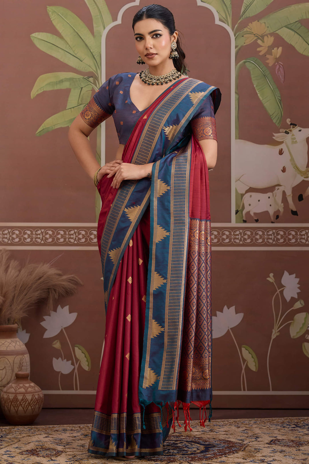 Ember Maroon Banarasi Tussar Silk Saree