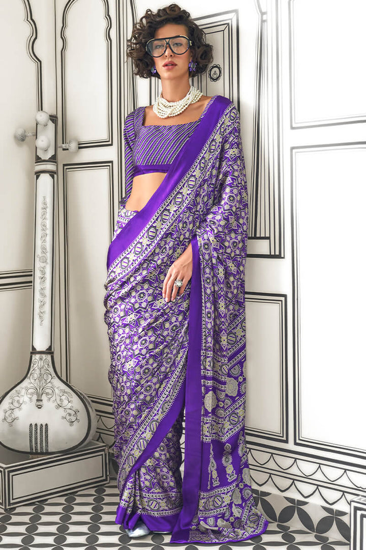 Eminence Purple Ajrakh Printed Satin Silk Saree