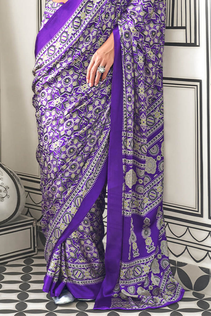 Eminence Purple Ajrakh Printed Satin Silk Saree