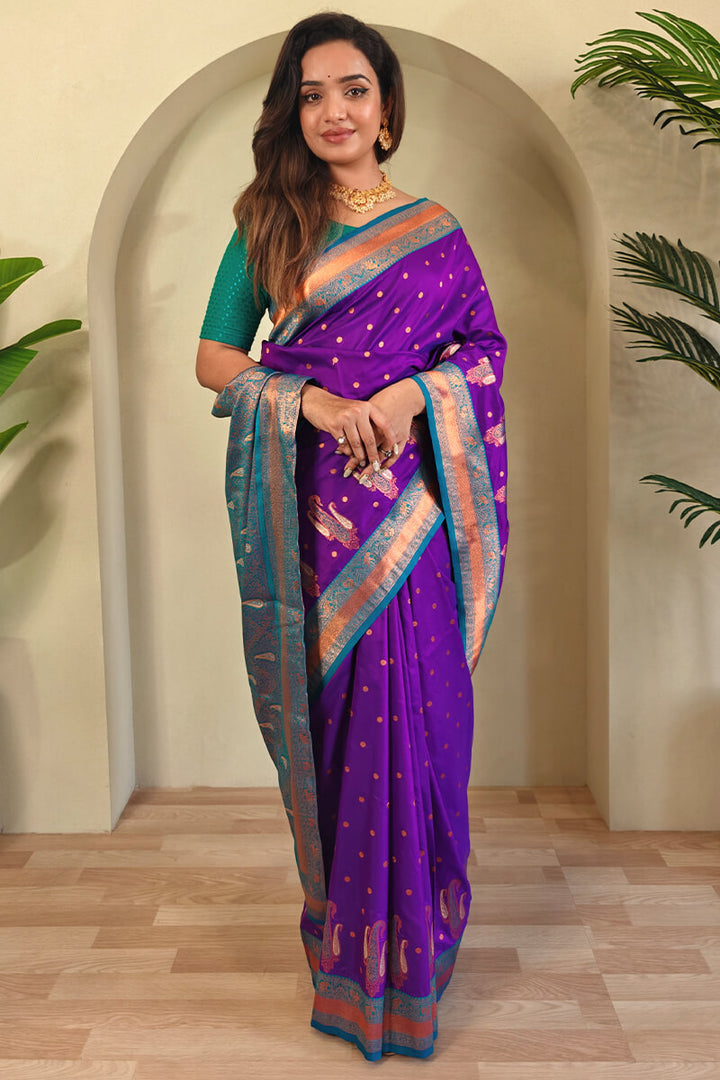 Eminence Purple Zari Woven Banarasi Soft Silk Saree