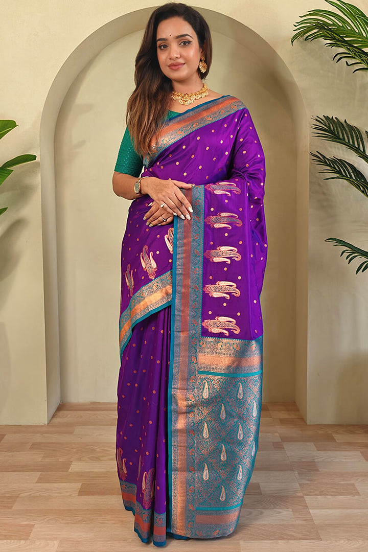 Eminence Purple Zari Woven Banarasi Soft Silk Saree
