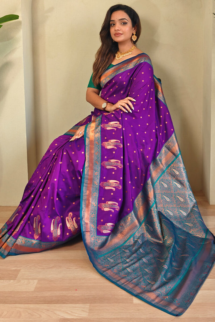 Eminence Purple Zari Woven Banarasi Soft Silk Saree