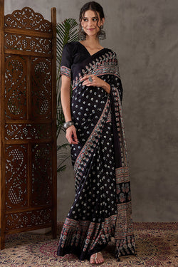 Eternal Black Ajrakh Printed Satin Silk Saree