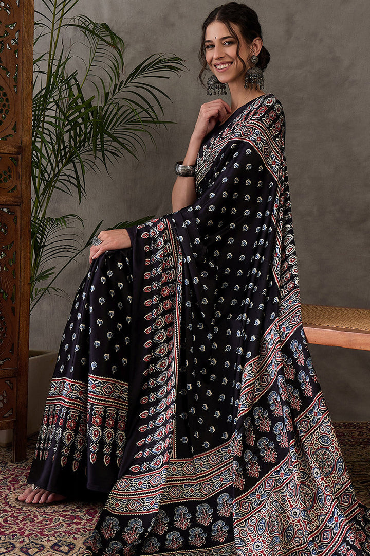 Eternal Black Ajrakh Printed Satin Silk Saree