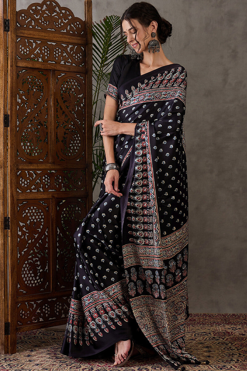 Eternal Black Ajrakh Printed Satin Silk Saree