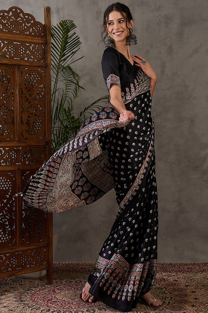 Eternal Black Ajrakh Printed Satin Silk Saree
