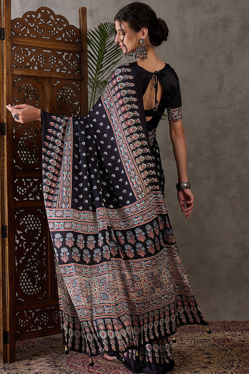 Eternal Black Ajrakh Printed Satin Silk Saree