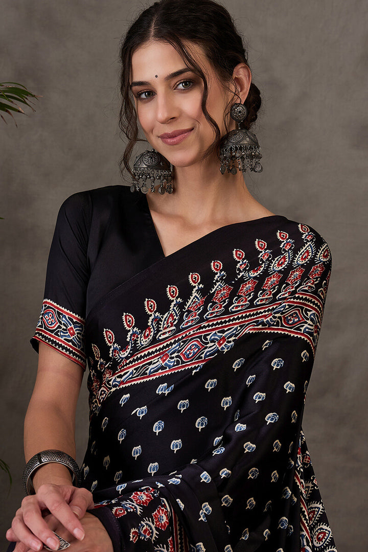 Eternal Black Ajrakh Printed Satin Silk Saree