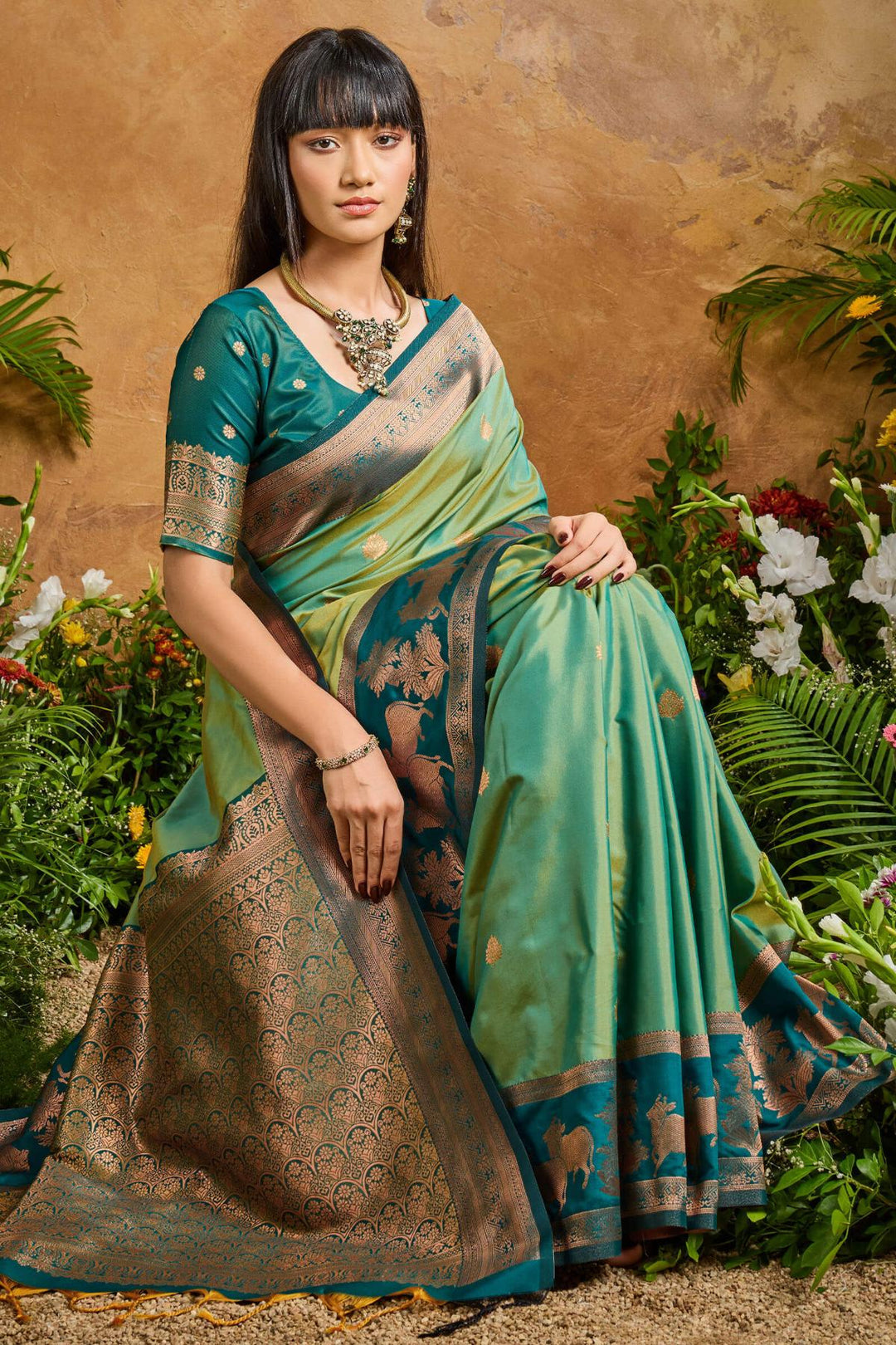 Faded Green Banarasi Pichwai Silk Saree