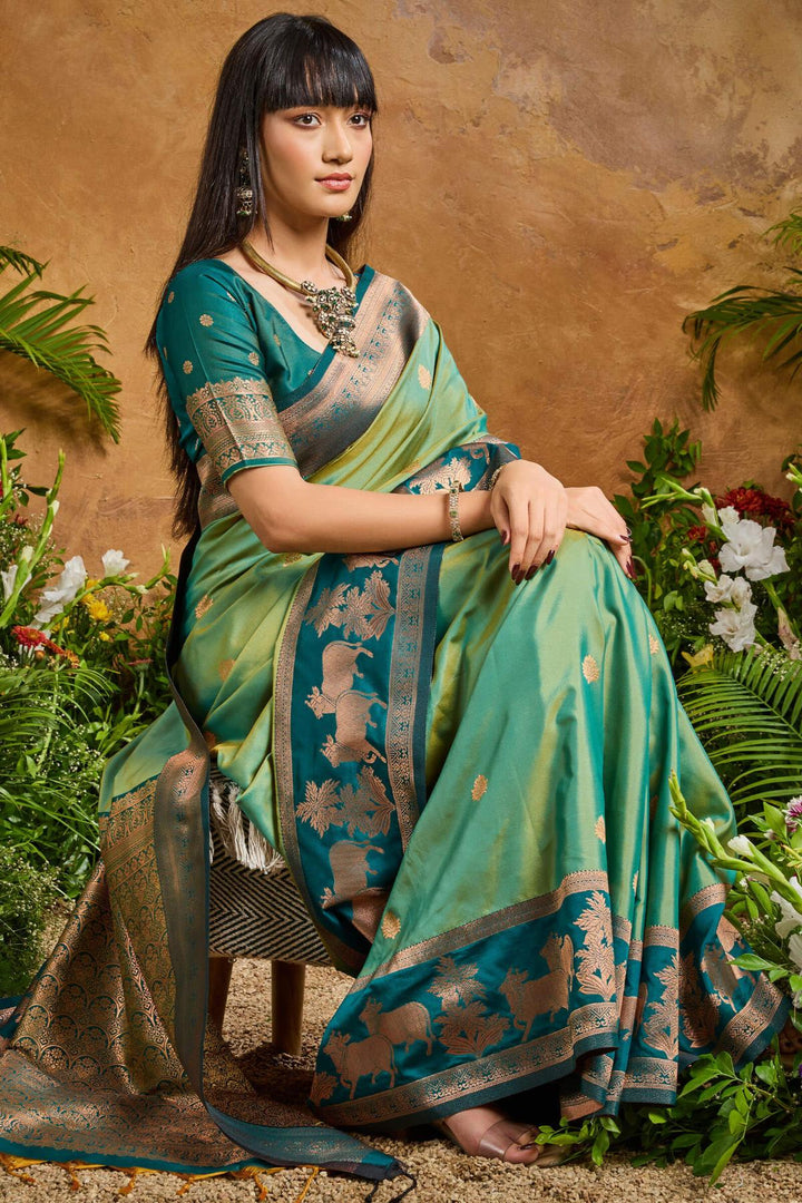 Faded Green Banarasi Pichwai Silk Saree
