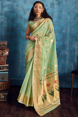 Faded Green Paithani Tissue Silk Saree