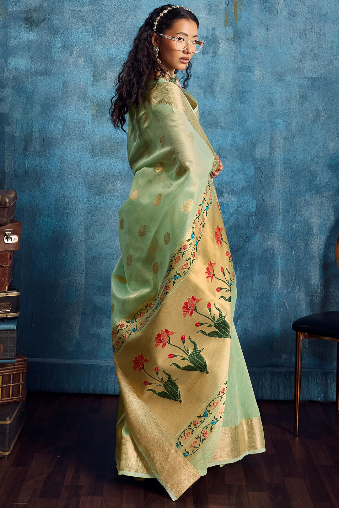 Faded Green Paithani Tissue Silk Saree
